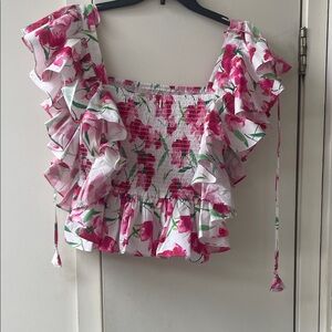 Misa Los Angeles Pink & White Floral Ruffle Smocked Crop Top